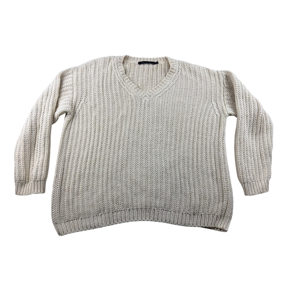 Jenni Kayne Sweater Women XS Beige Cotton Cabin Oversized V-Neck Coastal Hygge